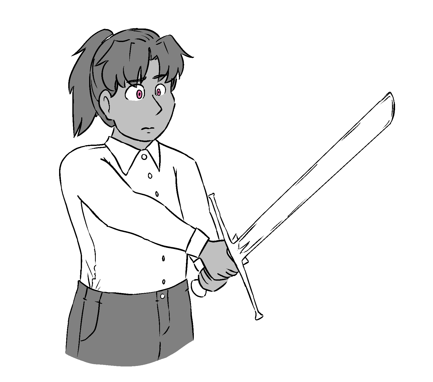 A greyscale drawing of a woman with a sword. Her eyes are colored a light magenta despite this. She is dressed in a button up and slacks, with her hair in a ponytail. She is holding a sword in front of her, but not confidently, almost like she doesn't know what to do with it.
